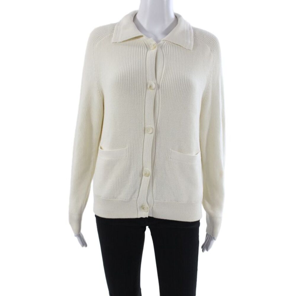 Margaret OLeary Women Cardigan Sweater Ivory Collared 97% Cotton Size XS